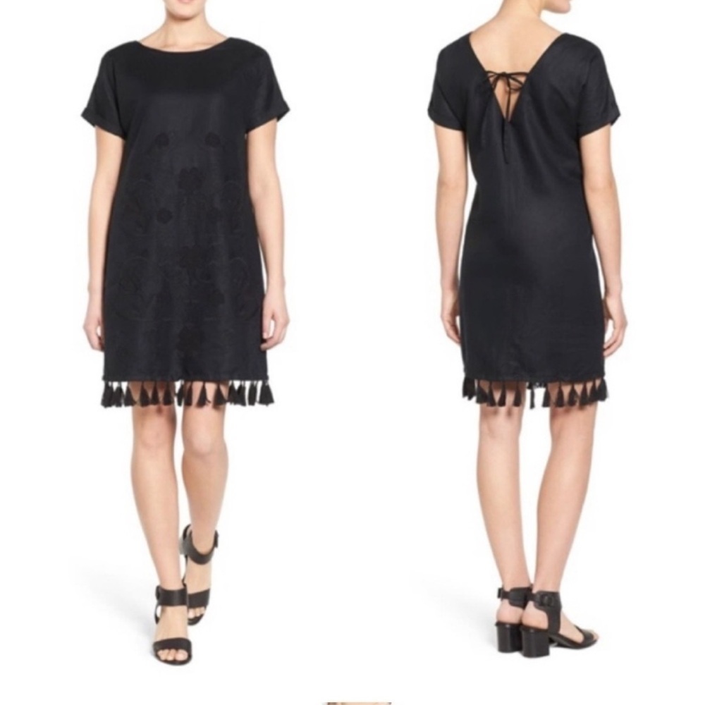 Madewell Linen Blend Embroidered Tassel Shift Dress - Size M Black